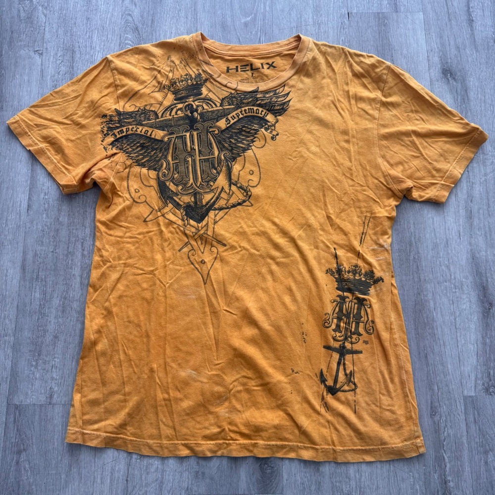 Y2K Helix Mens Large Orange Imperial Supremacy Graphic Tee Anchor Wings Shirt